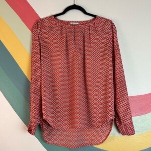 Anthropologie Pleione Business Casual Top Long Sleeve Red Grey Geomtric Pattern